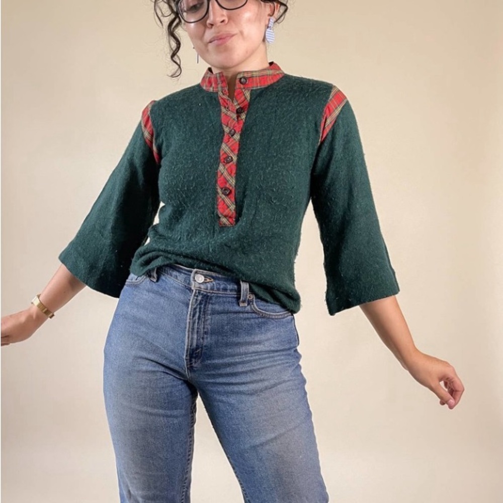 70s Vintage Green Red Plaid Christmas  Sweater